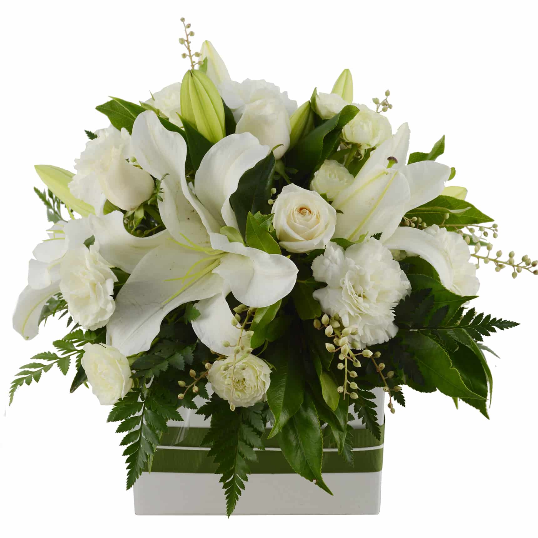 A stunning white box of asiatic lilies, roses, spray roses, and sim carnations for a pure, elegant look.
