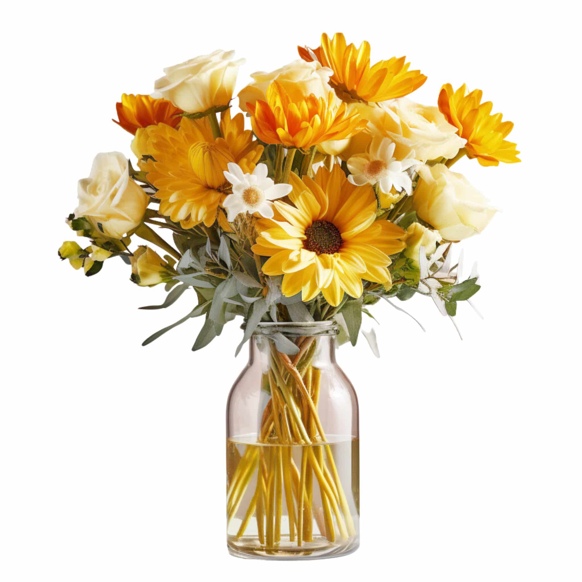 Daydream Drizzle: Yellow and white vase arrangement with gerberas, roses, and alstroemeria.