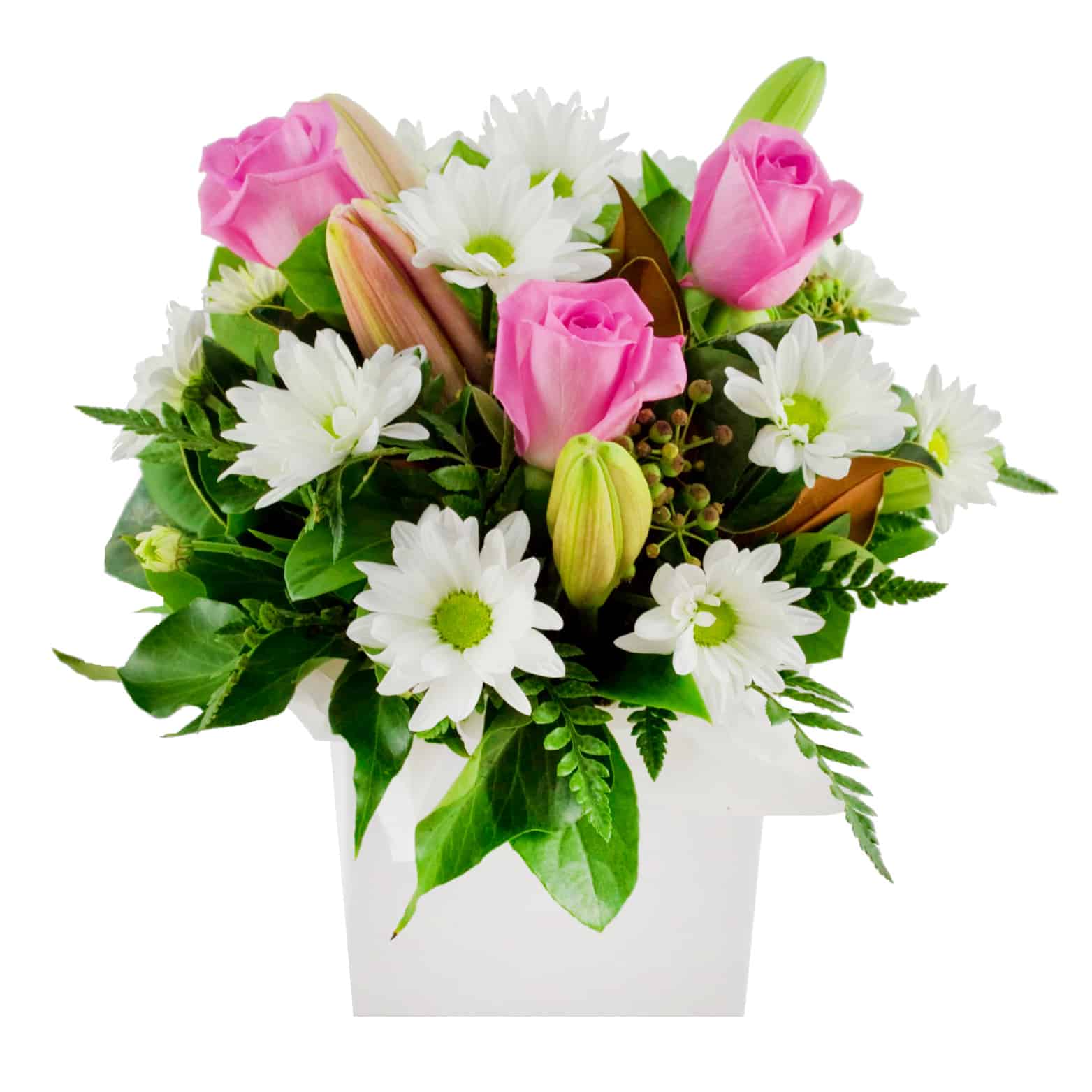 A pretty pink box of white spray chrysanthemums, pink roses, pink liliums, and greenery for a romantic surprise.