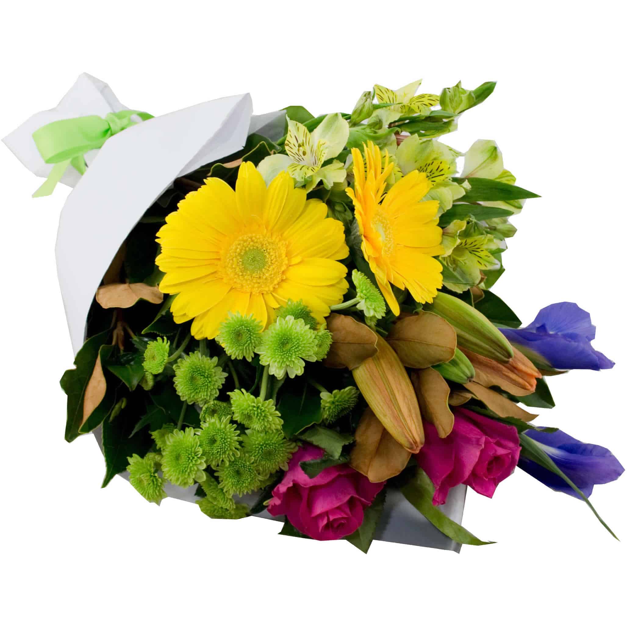 A vibrant bouquet of yellow gerberas, green chrysanthemums, purple iris, alstroemeria, pink roses, and orange lilies with greenery.