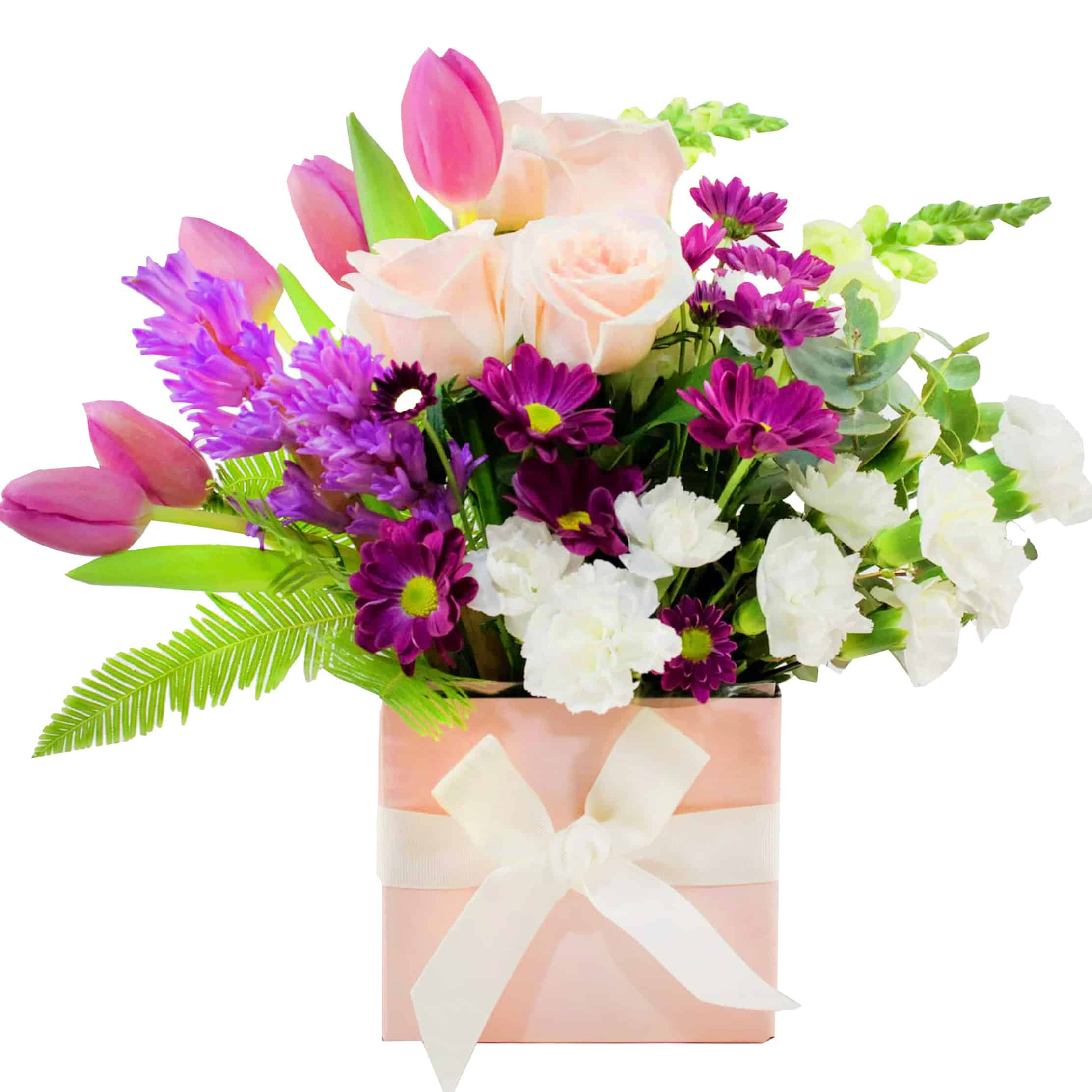 Cotton Candy Pastel Arrangement: Pastel pink and purple box arrangement with roses, tulips, and hyacinths.