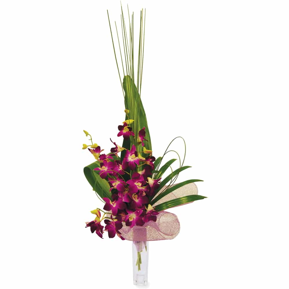 A bold purple and green bouquet of Singapore orchids, flax, and spear grass for a dramatic effect.