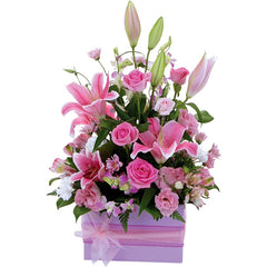 Plush Pink and White Arrangement: Pink and white box arrangement with lilies, roses, and alstroemeria.