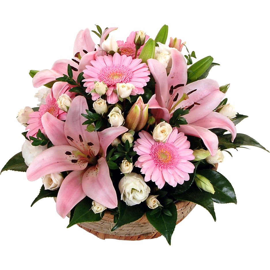 A charming pink and white basket of gerberas, lilies, lisianthus, and spray roses for a soft look.