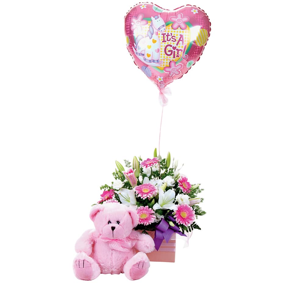 A pink and white box of lisianthus, mini gerberas, and oriental lilium with a pink teddy bear and balloon for a baby girl.