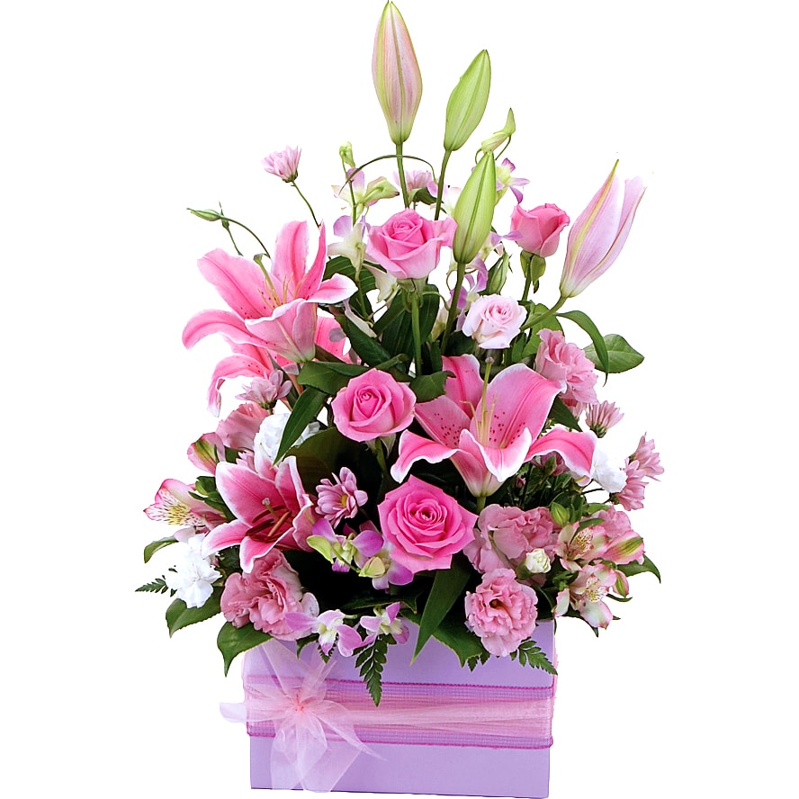 A pink and white box of roses, alstroemeria, spray carnations, oriental lilies, and lisianthus with greenery.
