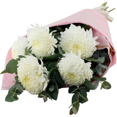 Harmony White Bouquet: Cream and white bouquet with disbud chrysanthemums and greenery.