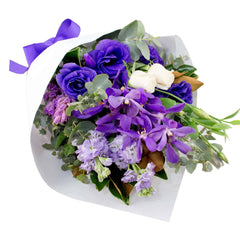 Perfect Purple Bouquet: Purple bouquet with stock, lisianthus, and cream roses.