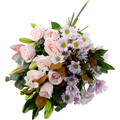 Pastel Delight Flower Bouquet: Pastel pink and mauve bouquet with roses, lilies, and chrysanthemums.