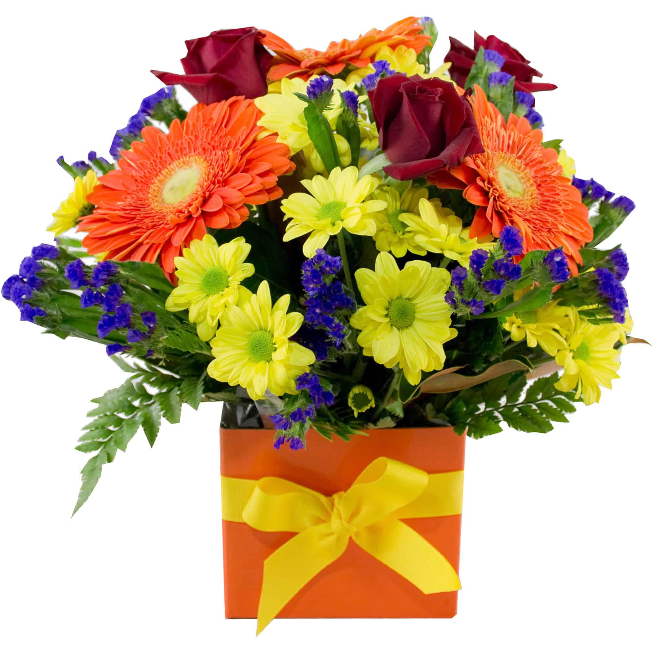 Petal Party Bright Arrangement: Yellow, red, purple, and orange mini box arrangement with roses and gerberas.