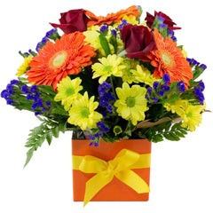 Petal Party Bright Arrangement: Yellow, red, purple, and orange mini box arrangement with roses and gerberas.