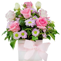 Pink Perfection Arrangement: Pink box arrangement with roses, lisianthus, and chrysanthemums.