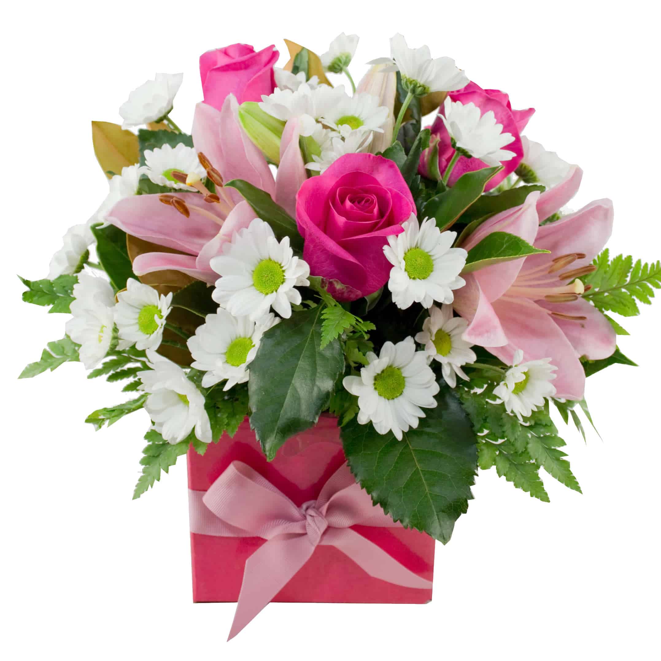 Sugar and Sweet: Hot pink box arrangement with roses, lilies, and chrysanthemums.