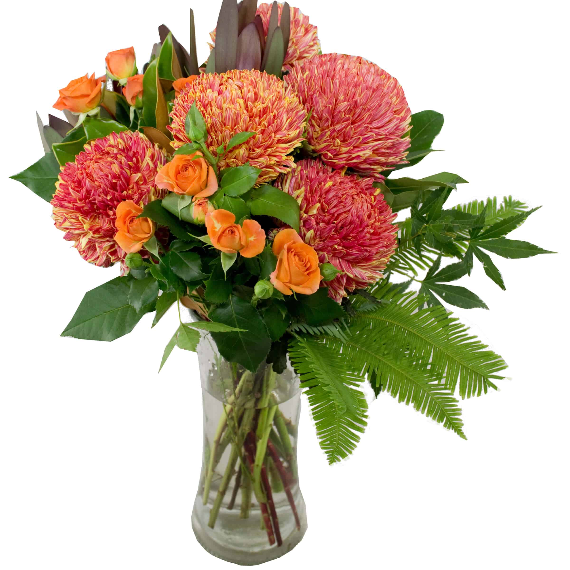Sunrise Dreams: Autumn-toned bouquet with spray roses, disbuds, and leucadendrons.