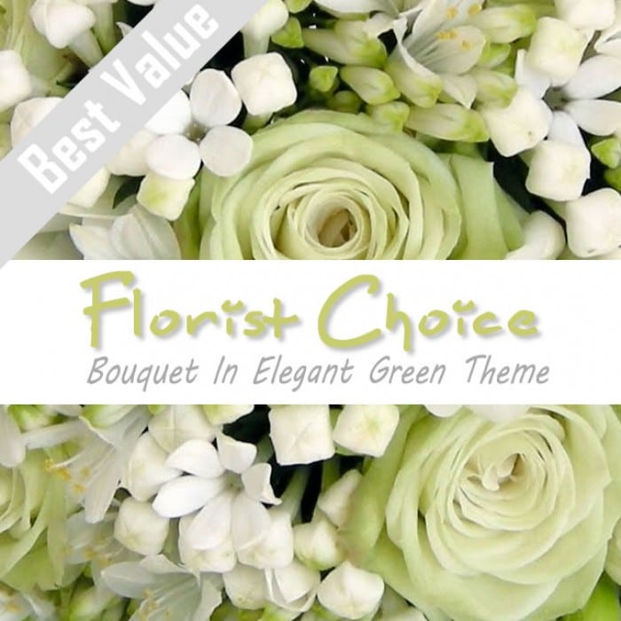 A serene green bouquet of fresh seasonal flowers, wrapped with greenery for a calming effect.
