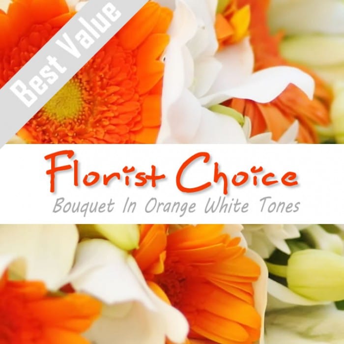 A bright orange and white bouquet of fresh seasonal flowers, accented with greenery for a vibrant look.