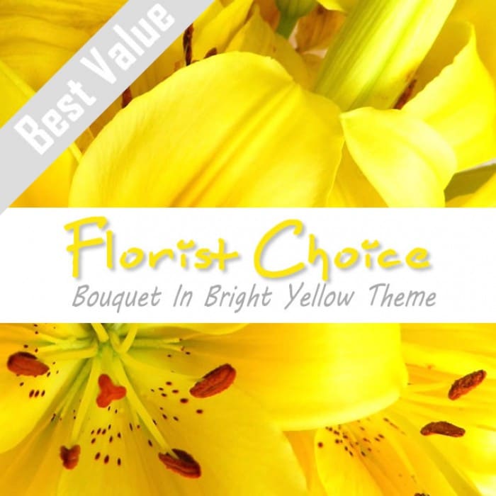 A sunny bouquet of fresh seasonal yellow flowers, expertly arranged with greenery for a cheerful vibe.