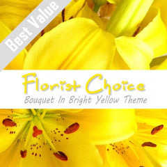 A sunny bouquet of fresh seasonal yellow flowers, expertly arranged with greenery for a cheerful vibe.