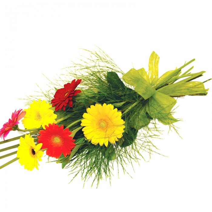 A sleek sheath bouquet of red and yellow mini gerberas with greenery for a bright, cheerful look.