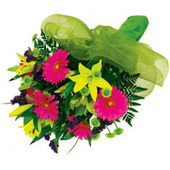 Luscious Dream Bouquet: Pink and yellow bouquet with lilies, mini gerberas, and chrysanthemums.