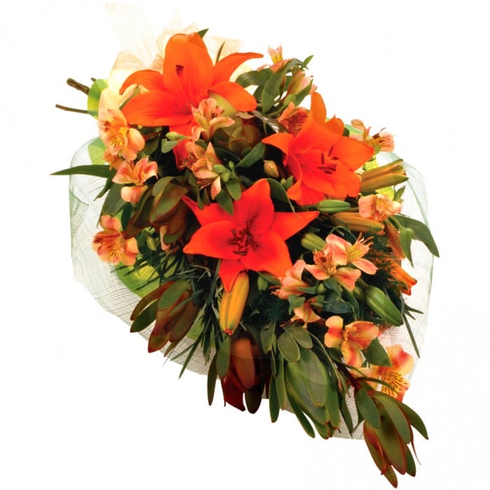 Desires Orange Bouquet: Orange bouquet with leucadendrons, lilies, and alstroemeria.
