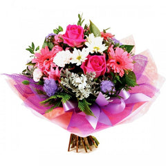 Mix For You Pink Bouquet: Pink and purple bouquet with gerberas, roses, and silver suede.