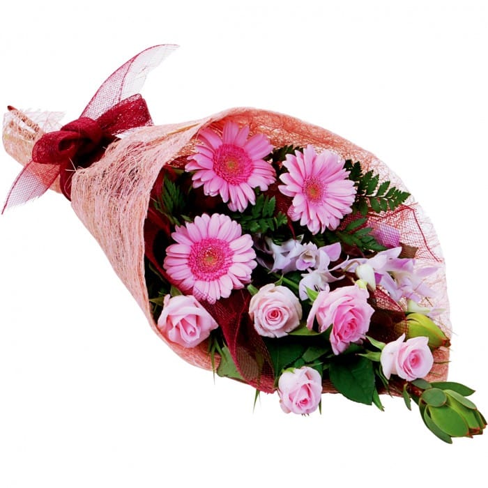 Pretty In Pink Bouquet: Pink sheath bouquet with roses, gerberas, and orchids.
