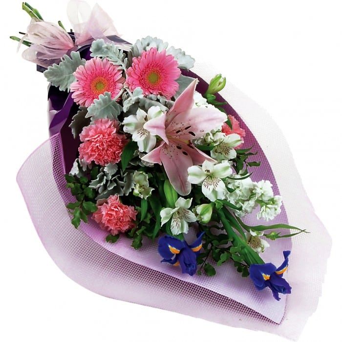 Thoughts Of You: Pink, white, and purple bouquet with carnations, gerberas, and lilies.