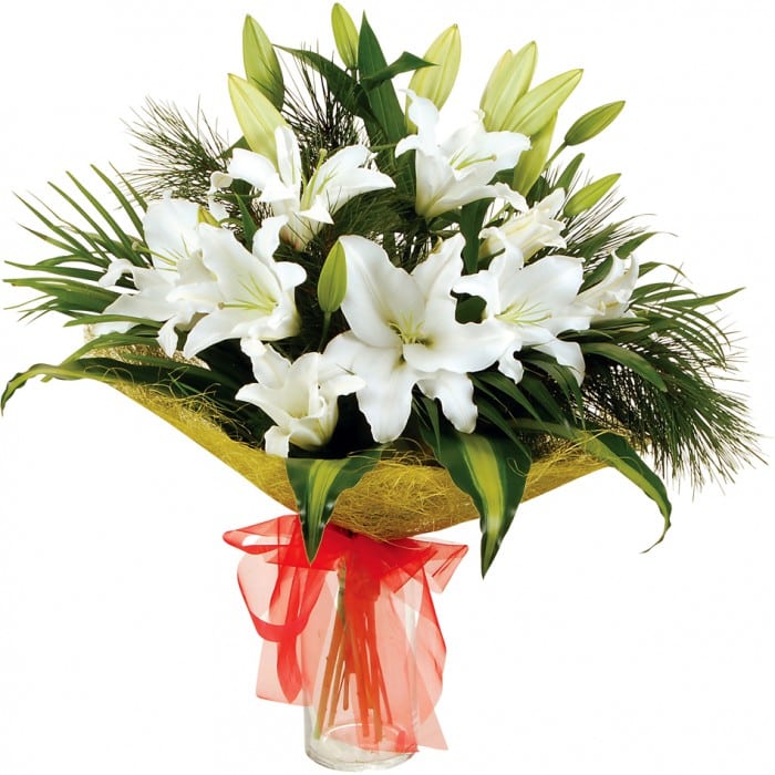 Oriental lily Bouquet - Always Remembered: White and green bouquet featuring oriental lilies with lush leaves.