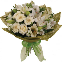 Unicorn White Bouquet: White and cream bouquet with gerberas, lilies, and roses.