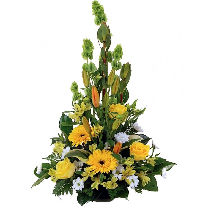 Traditional Elegance: Yellow, white, and green A-line arrangement with roses and lilies.