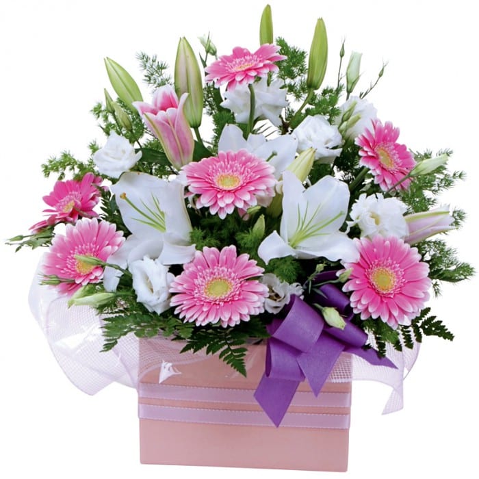Berry Snowflake: Pink and white box arrangement with gerberas, oriental lilies, and lisianthus.