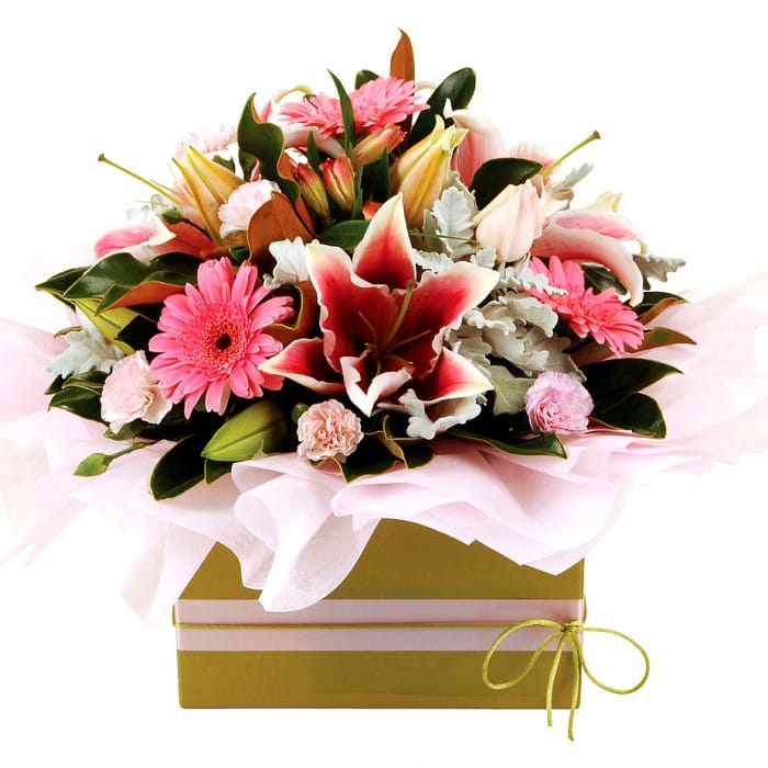 Heartfelt Arrangement: White and pink box arrangement with oriental lilies, mini gerberas, and alstroemeria.