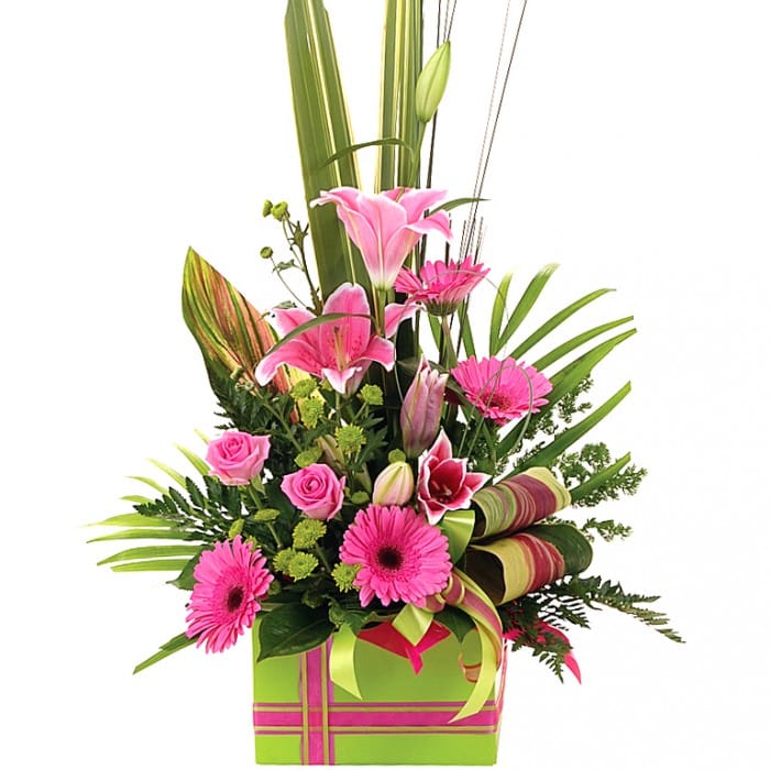 A vibrant pink and green box of lilies, roses, mini gerberas, and chrysanthemums with tropical foliage and spear grass.