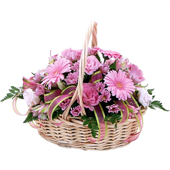 Thumbelina Basket Arrangement: Pink basket arrangement with mini gerberas and lisianthus.