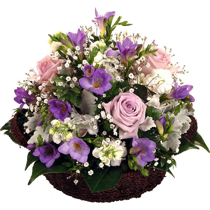 Swan Lake Basket Arrangement: Pink, purple, and white basket arrangement with roses and freesias.