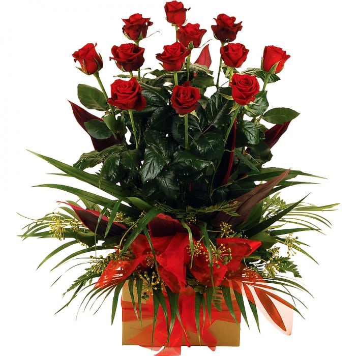 A sleek box of 12 long-stem roses with greenery, exuding timeless romance.