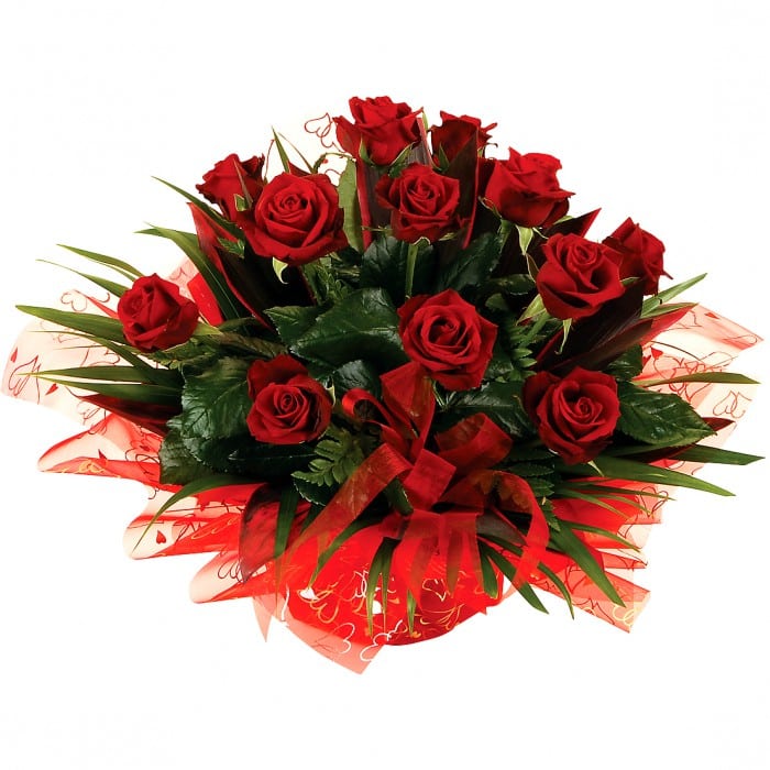 Burst Of Love- 12 Red Rose Arrangement: Box arrangement of 12 medium-stem red roses with greenery.