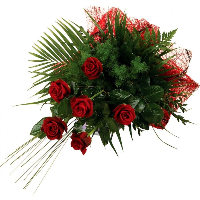 6 Roses in Bouquet - Cupid: Bouquet of six long-stem red roses with green foliage.