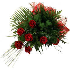 6 Roses in Bouquet - Cupid: Bouquet of six long-stem red roses with green foliage.