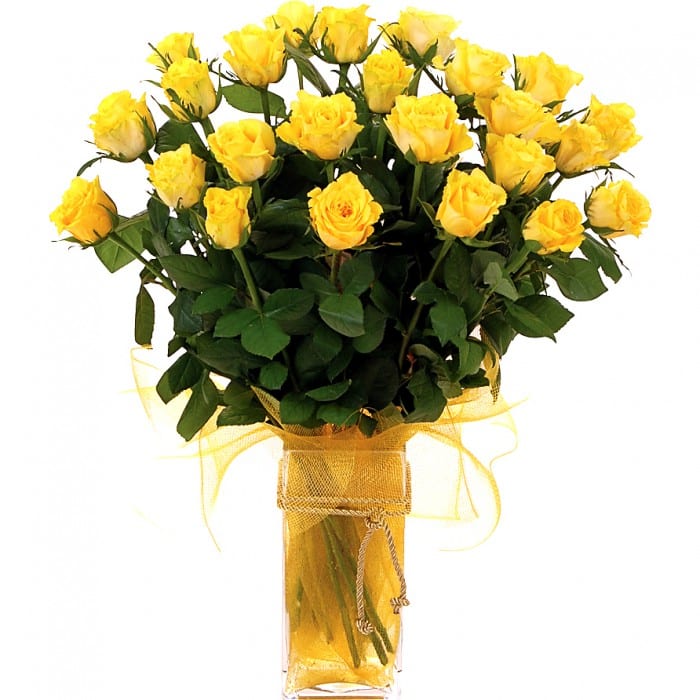 Yellow Roses Bouquet: Vase arrangement of 24 long-stem yellow roses with cord and netting.