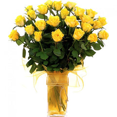 Yellow Roses Bouquet: Vase arrangement of 24 long-stem yellow roses with cord and netting.
