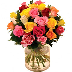 Extravaganza: Vase arrangement of 24 short-stem mixed-color roses with greenery.