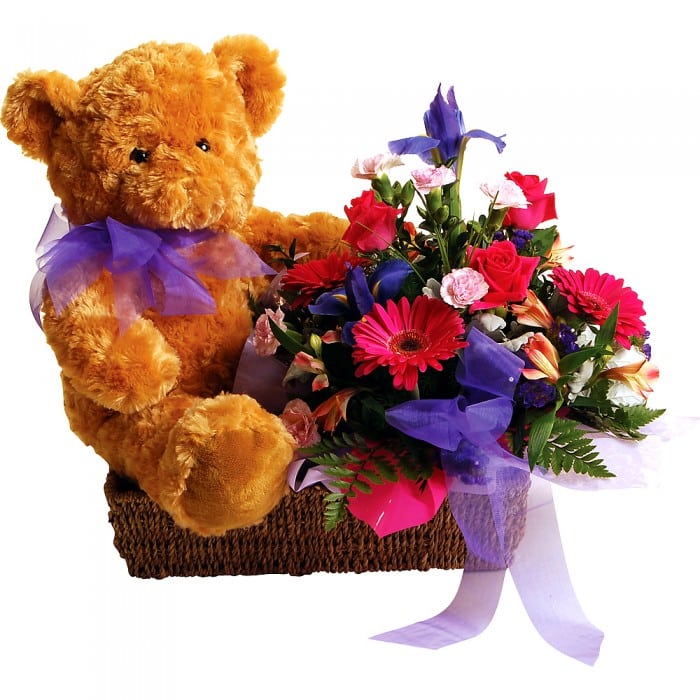 Cute Cuddly: Pink, red, and purple basket arrangement with roses, iris, alstroemeria, and a teddy bear.