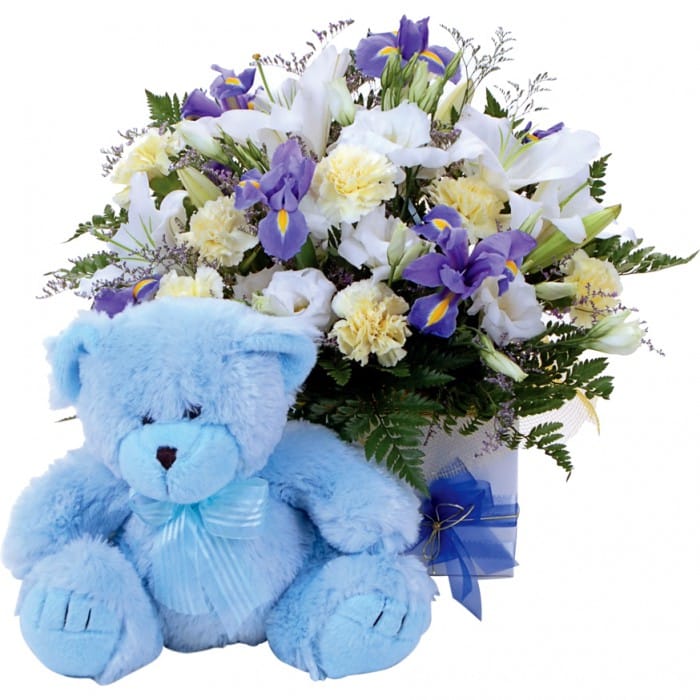 Sapphire Prince: Blue and white box arrangement with carnations, lilies, and a blue teddy bear.