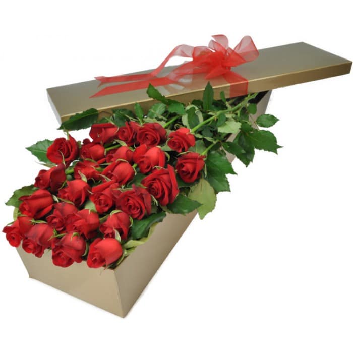 A sleek black box filled with 24 long-stem red roses, showcasing vibrant red petals against lush green leaves.