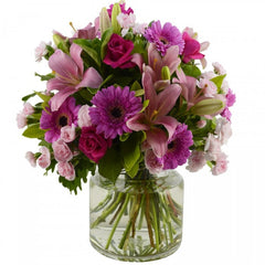 Glorious Pink Bouquet: Hot pink bouquet with mini gerberas, roses, and oriental lilies.