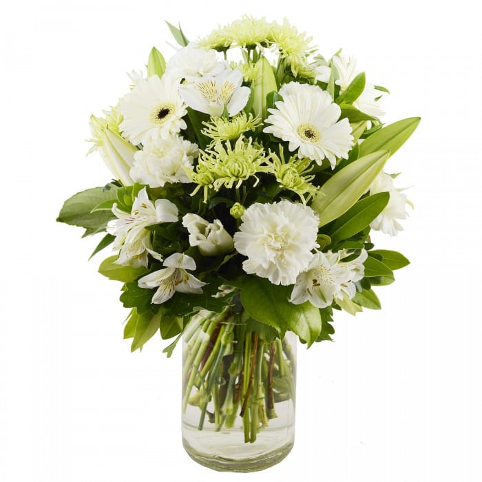 Stylish Sugar: White bouquet with gerberas, lilies, and spider chrysanthemums.