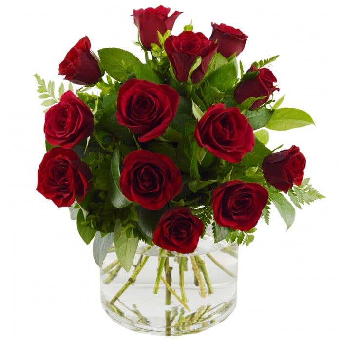 Red Gems Rose Arrangement: Arrangement of 12 medium-stem red roses in a glass bowl.