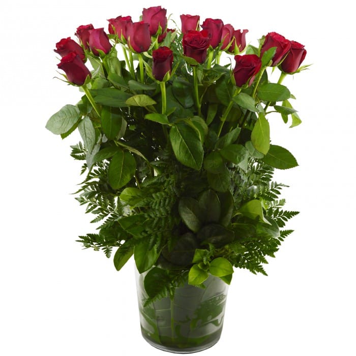 Red Diamonds - 20 Roses Bouquet: Large bouquet of 20 long-stem red roses in a glass vase.
